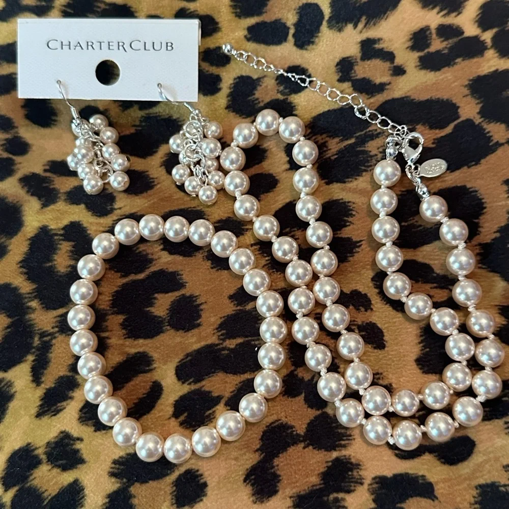 Vintage Joan Rivers Pearl Necklace & Bracelet + Charter Club Cluster Earring